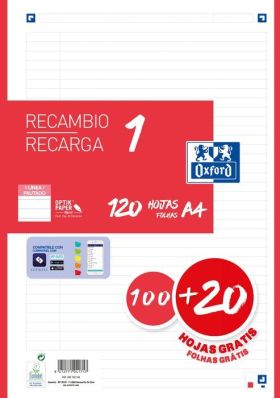 RECAMBIO RAYADO OXFORD CLA A4 100+20F ROJO